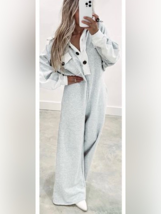 BUCKETLIST Pants - Bucket List Oversized Two-Tone Gray Wide Leg Jumpsuit Raw Edges Texture Button M